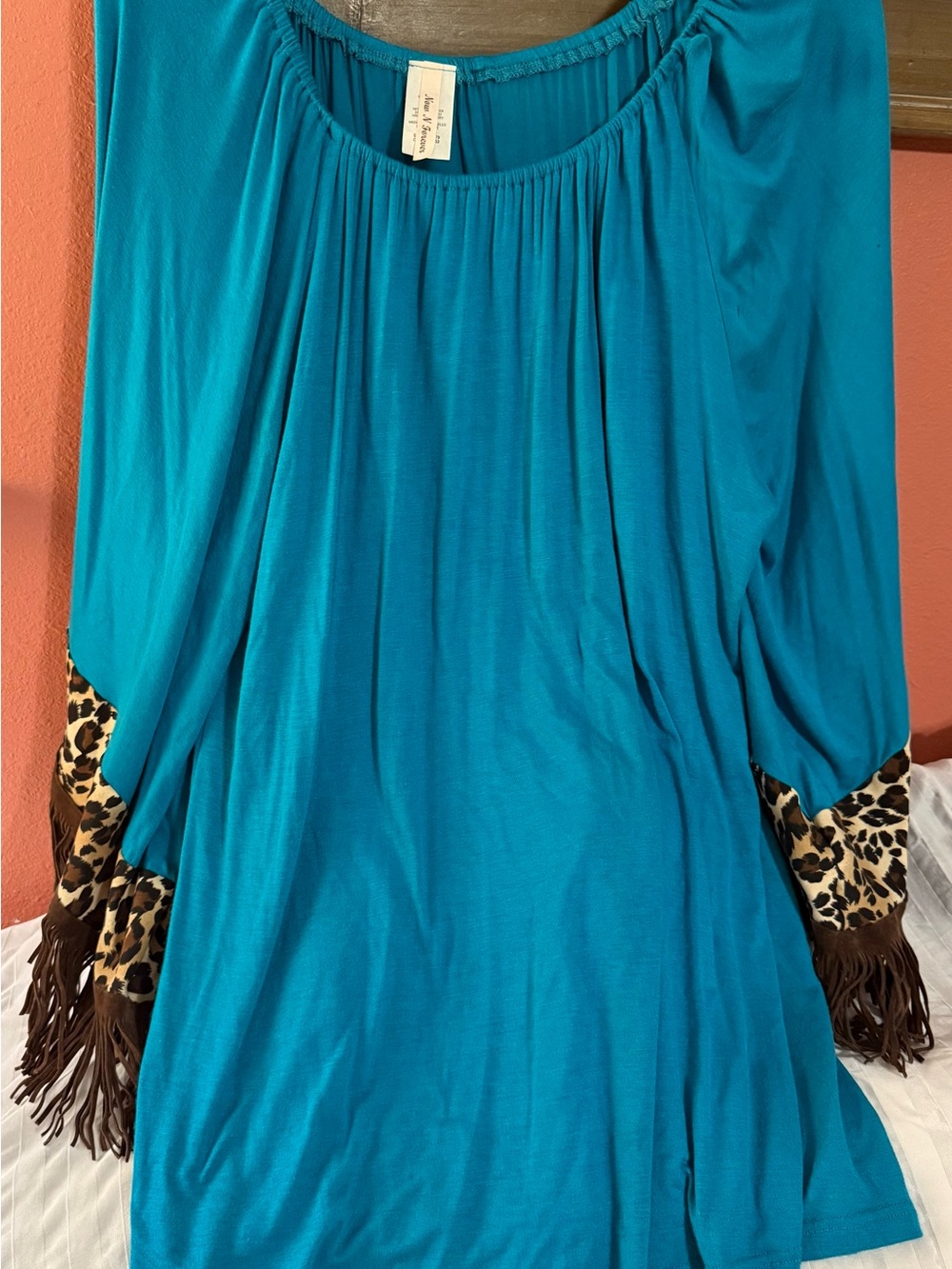 Now and Forever Tunic Top with Leopard Trim and Brown Fringe Size M